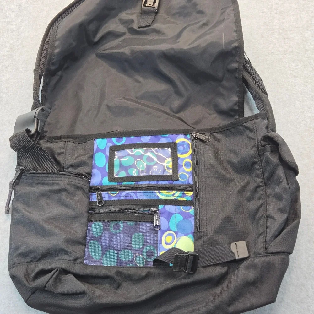 LL Bean Messenger Bag Black Purple Teal Bubble Print Crossbody 0HQV6